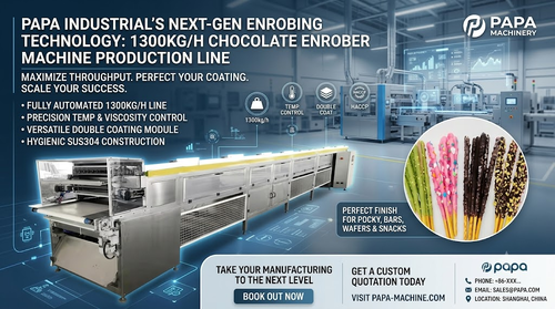 Tin tức công ty mới nhất về Papa Industrial Launches High-Capacity 1300kg/h Double Coating Chocolate Enrober Machine Line